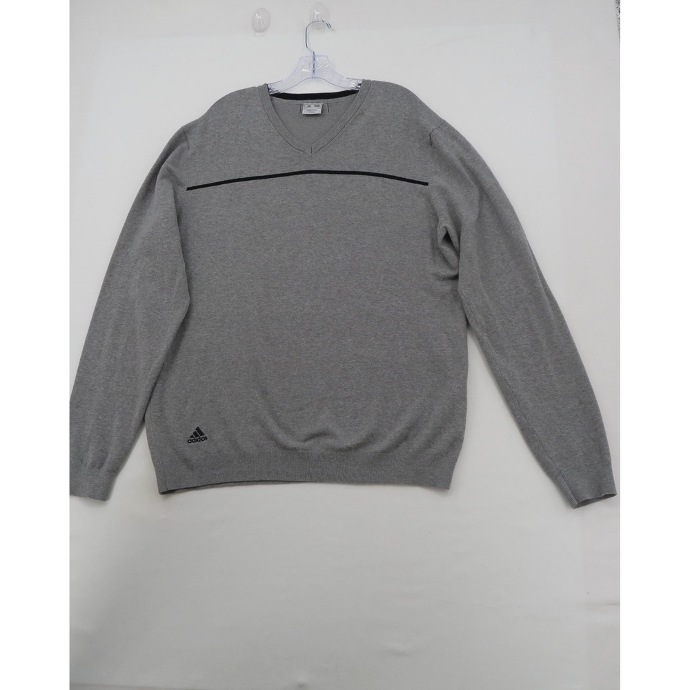Adidas Mens V-Neck Sweater Gray Black Stripe Cotton Blend Pullover Size Large
